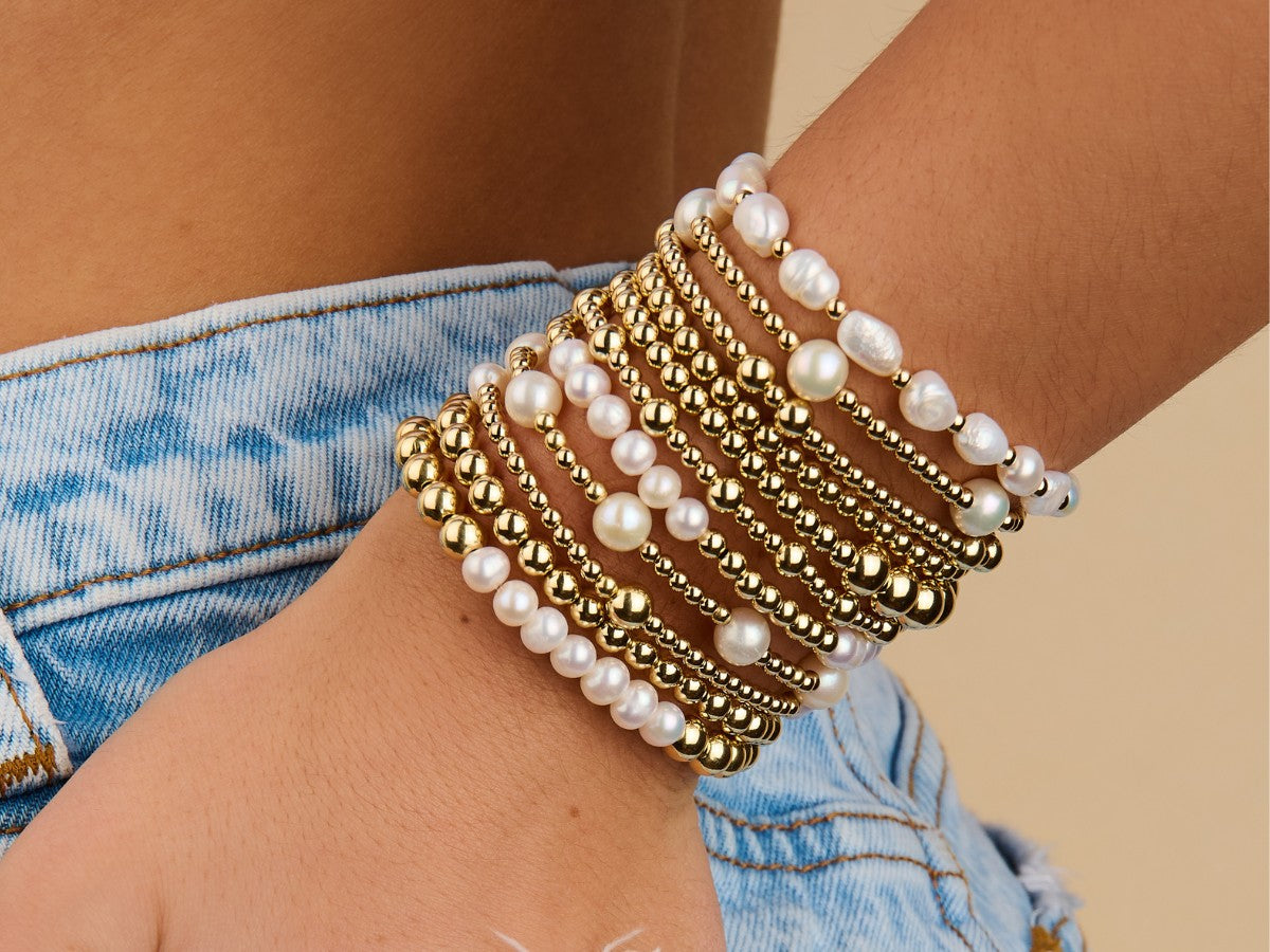 6mm Cultured Pearl Gold Bead Stack Bracelet | Little Sky Stone