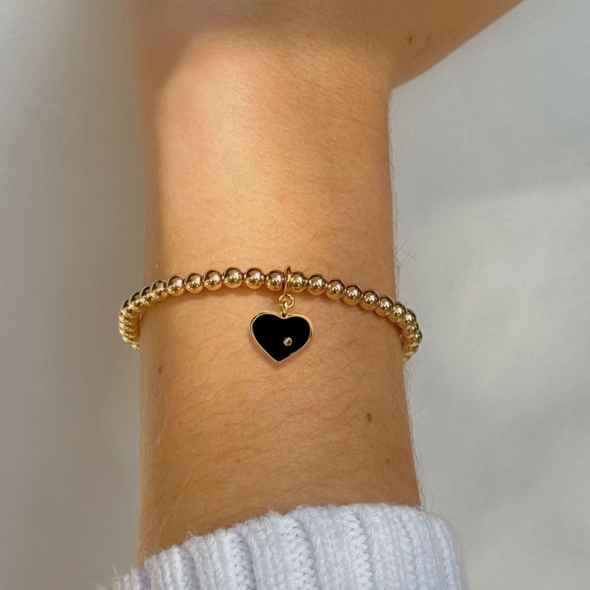 Beaded Black Heart 14K Gold Filled Bracelet