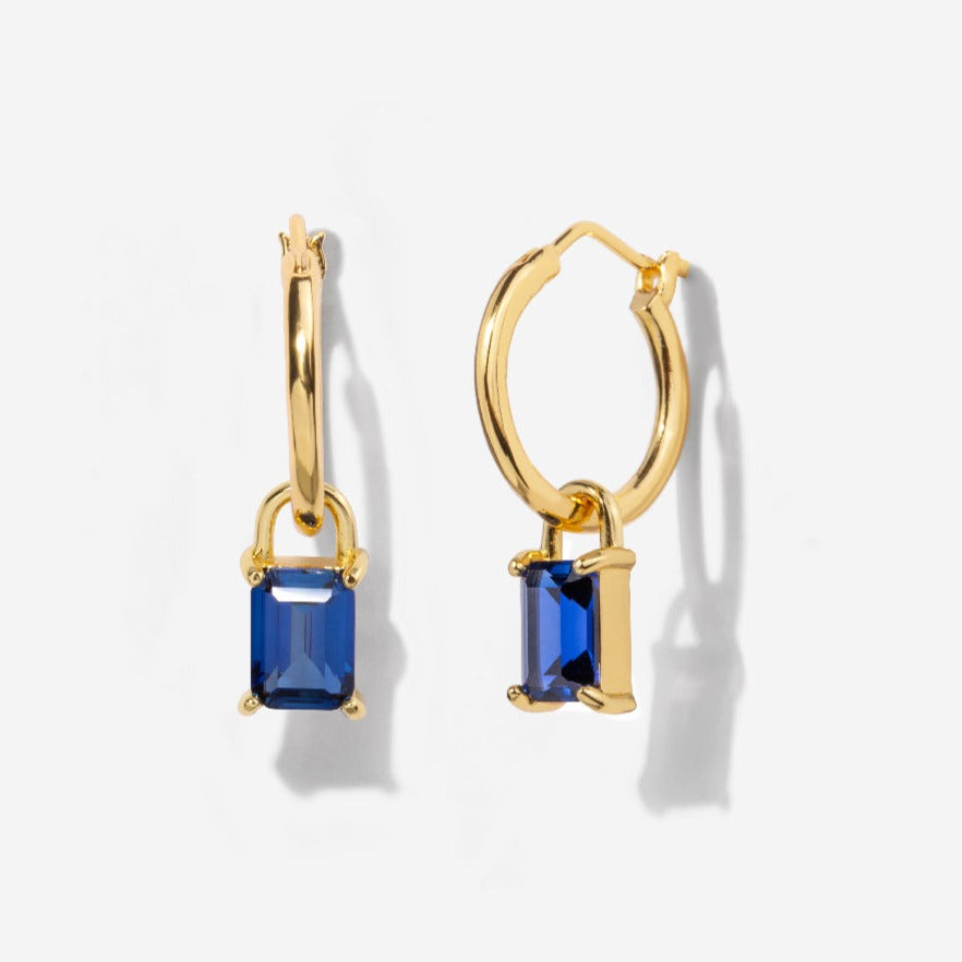 Lock Shape Sapphire Baguette Hoop Earrings | Little Sky Stone