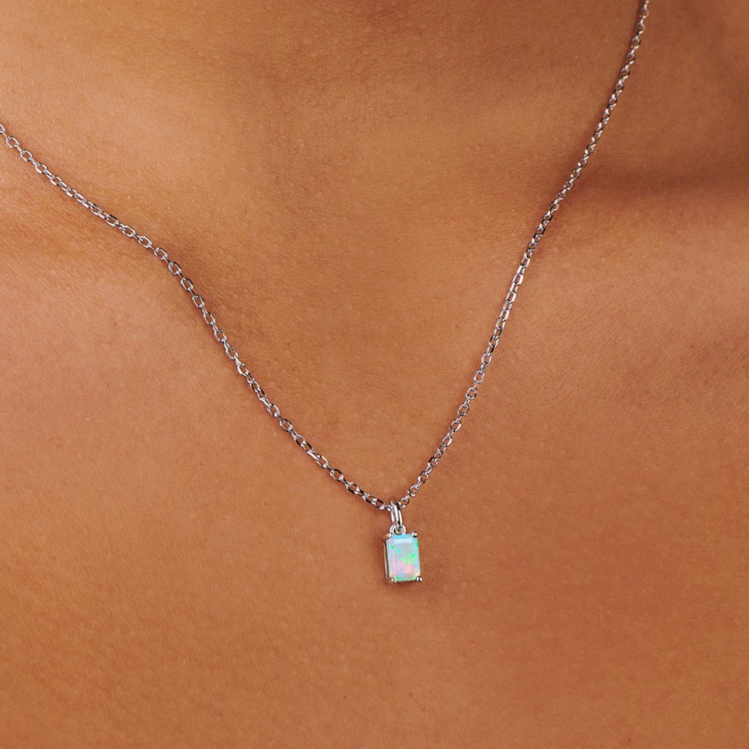 Opal October Birthstone Baguette Silver Necklace | Little Sky Stone