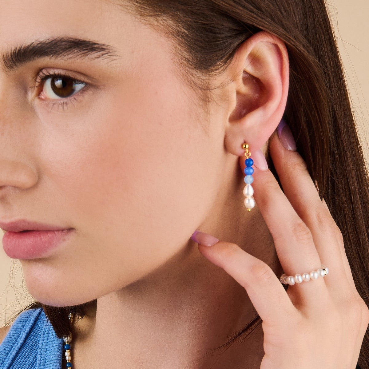 Pearl Blue Bead Drop Gold Earrings | Little Sky Stone