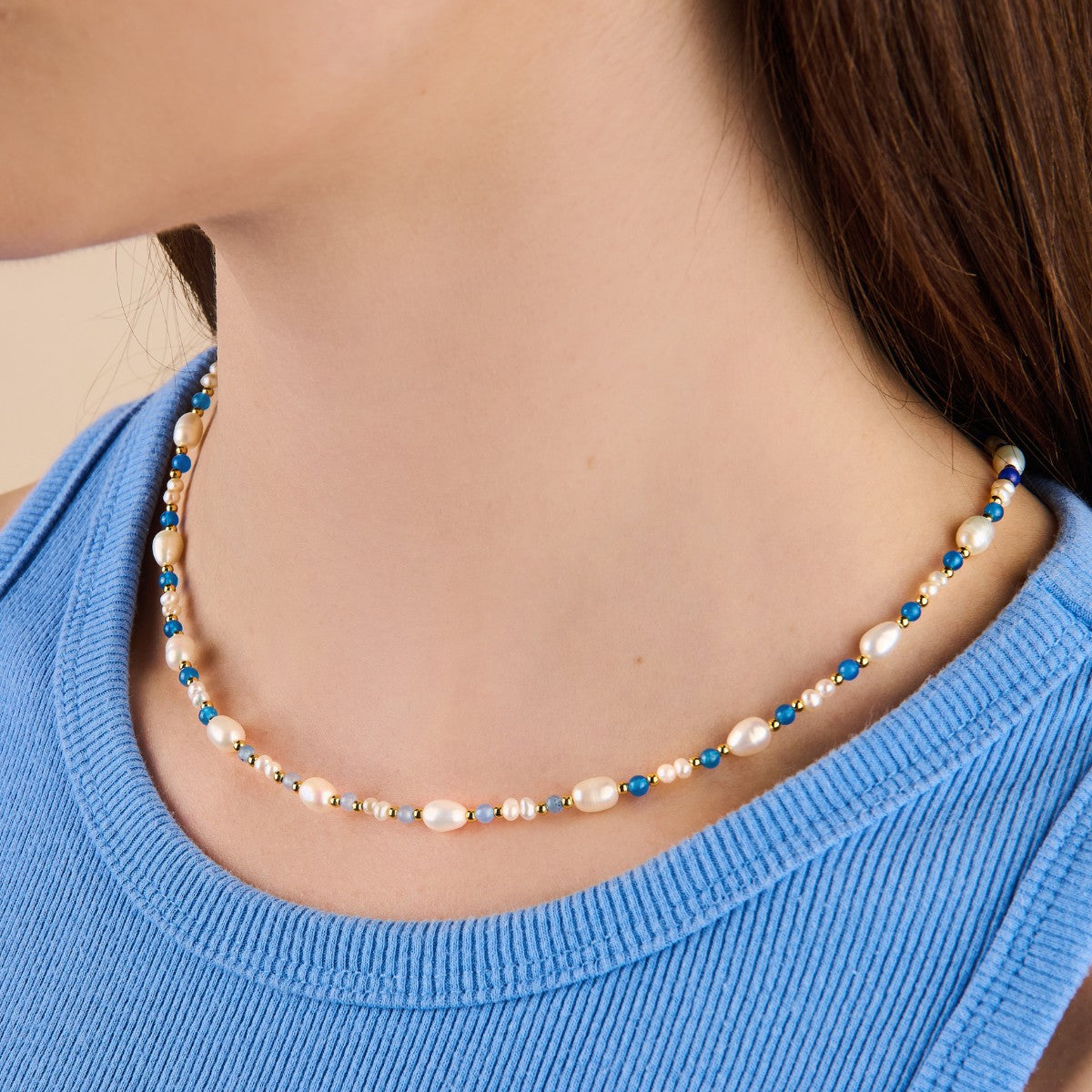 Pearl Blue Bead Gold Necklace For Women | Little Sky Stone