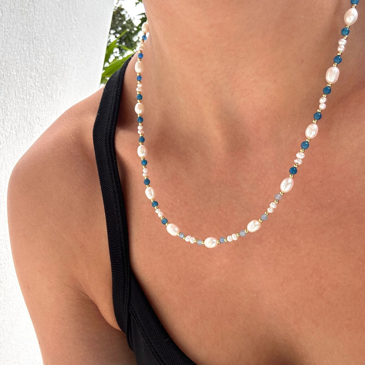 Pearl Blue Bead Gold Necklace For Women | Little Sky Stone