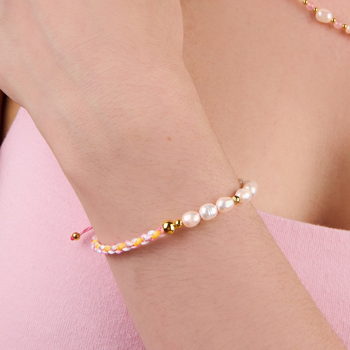 Pearl Gold Bead Pink Cord Bracelet | Little Sky Stone