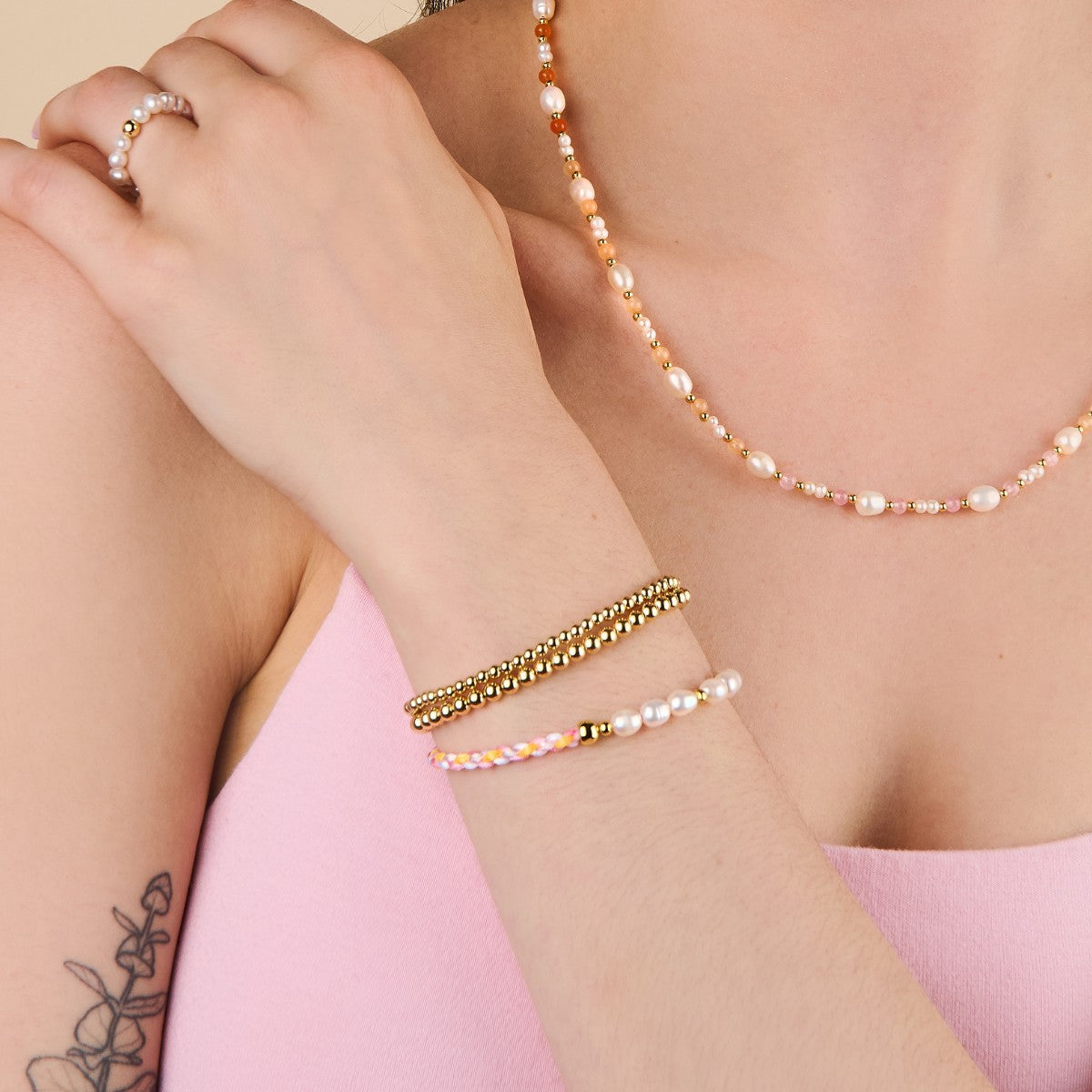 Pearl Gold Bead Pink Cord Bracelet | Little Sky Stone