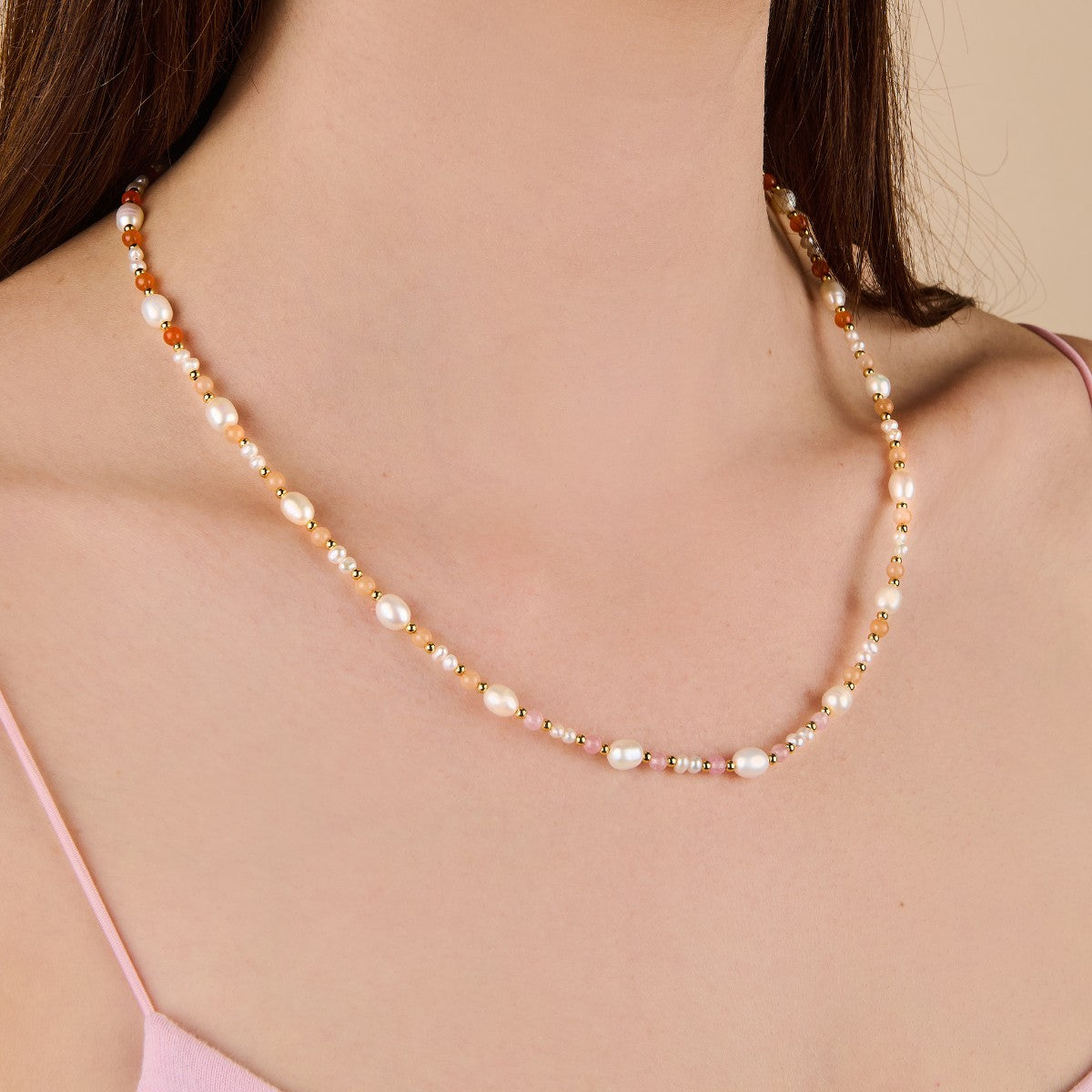 Pearl Pink Bead Gold Necklace For Women | Little Sky Stone