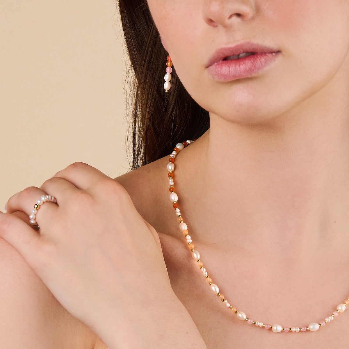 Pearl Pink Bead Gold Necklace For Women | Little Sky Stone