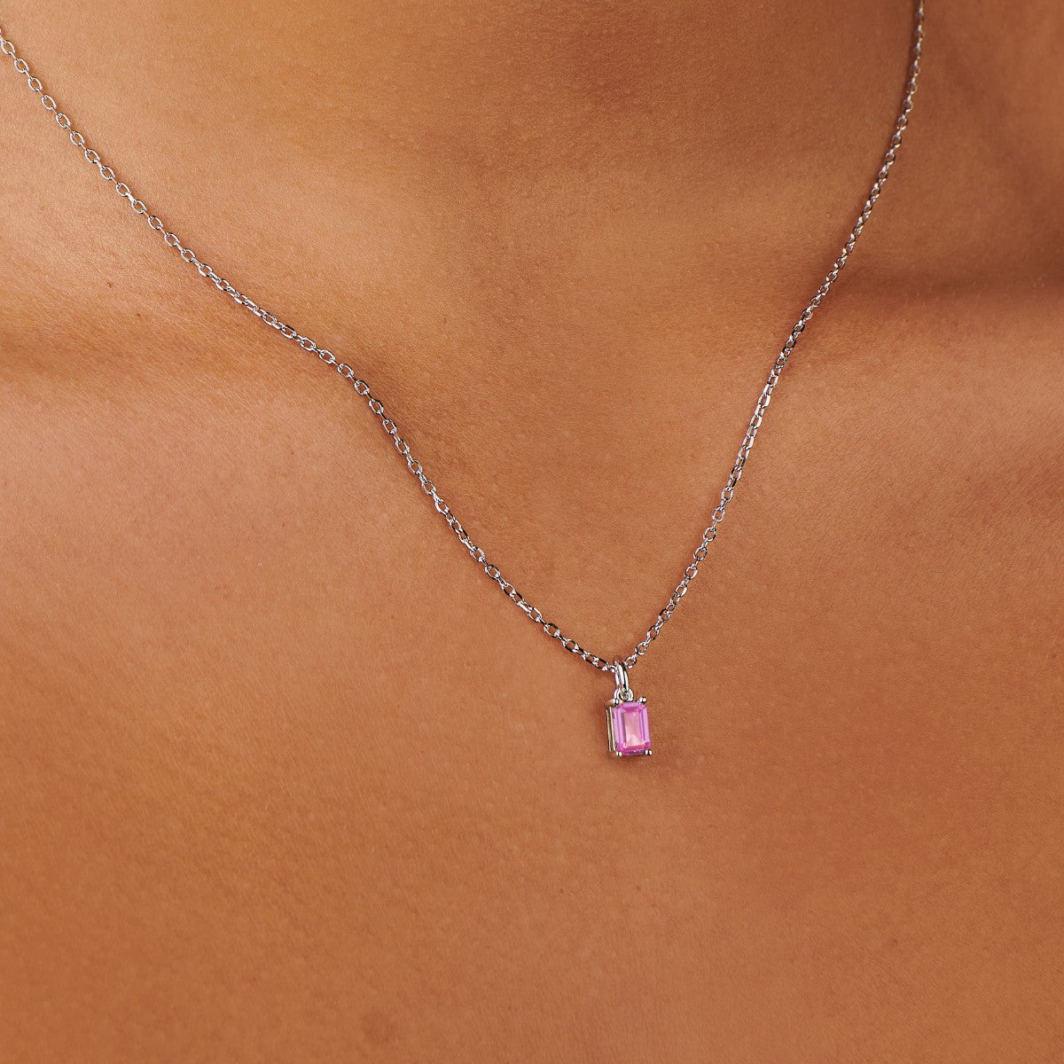 Pink Tourmaline October Birthstone Baguette Silver Necklace | Little Sky Stone