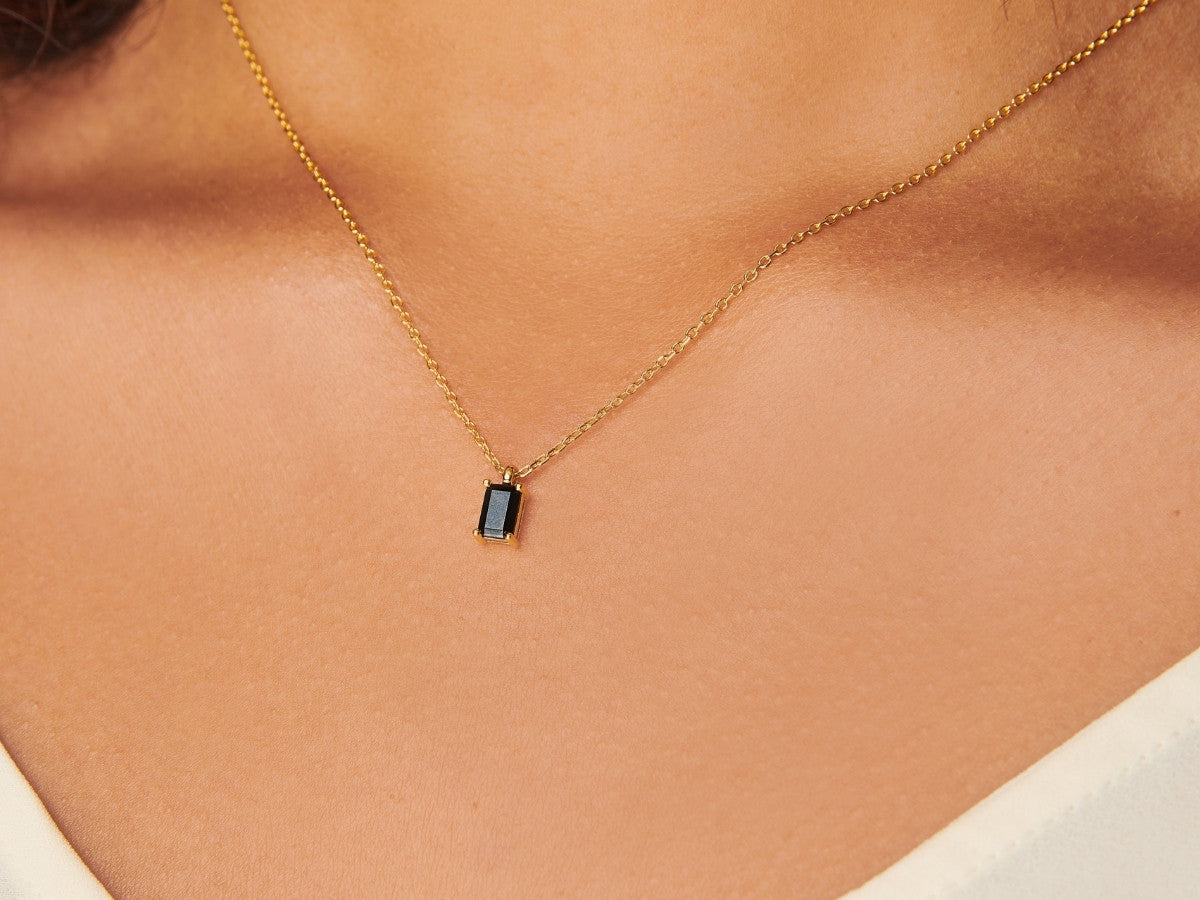 Tiny Baguette Black Onyx Necklace in Gold Plated Silver