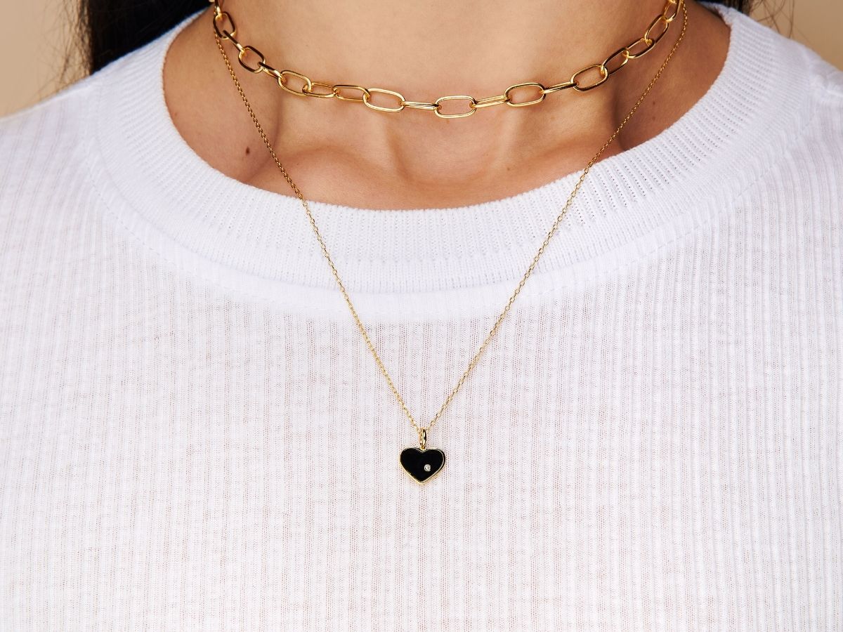 Black Enamel Charm Polished Chunky Chain Necklace
